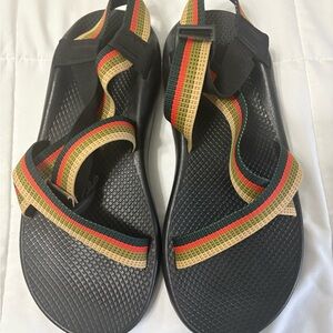 Chaco Black Sandals with Red, Green & Tan Straps